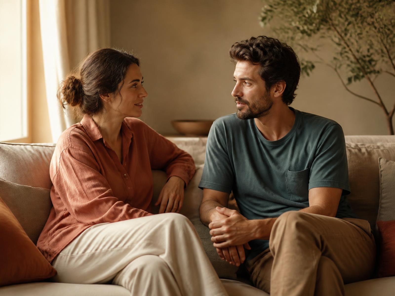 Casal conversando com atenção em uma sala tranquila
